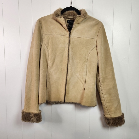 Vintage 90s does 70s Beige Tan Leather Fur Lined Jacket Suede Medium Penny Lane - Picture 1 of 12